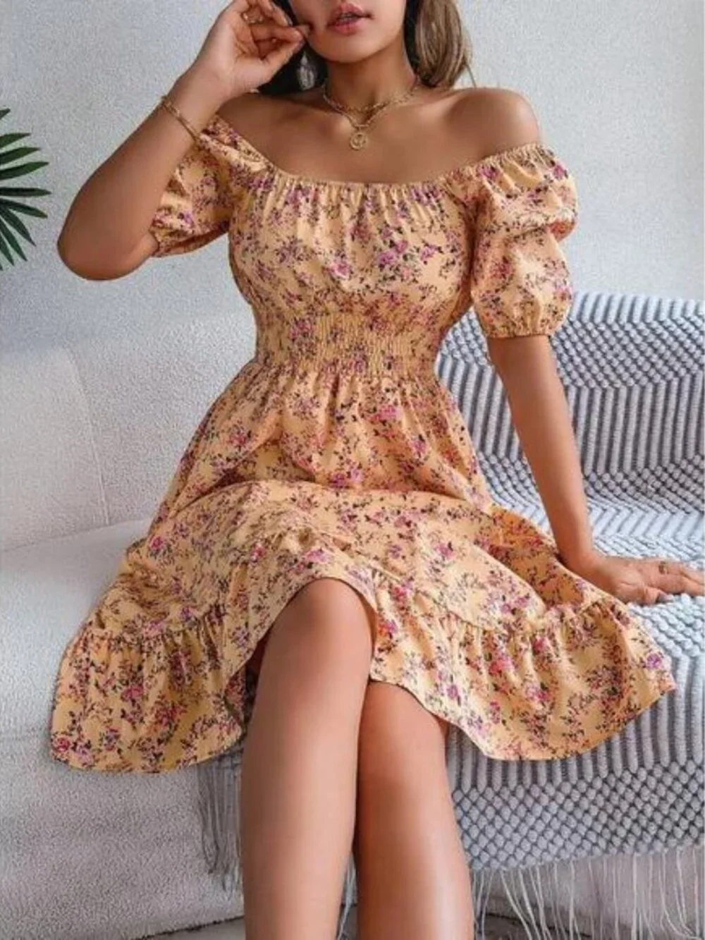 / Puff Sleeve Drawstring Short Sleeve Floral Dress - Picture 5 of 6